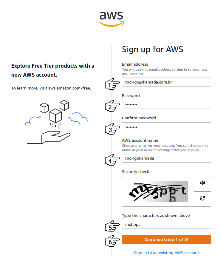 Amazon Cognito - Sign up for AWS (step 1 of 5)