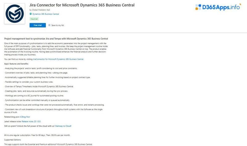 Top Collaboration Dynamics 365 Apps Jira Connector for Microsoft Dynamics 365 Business Central