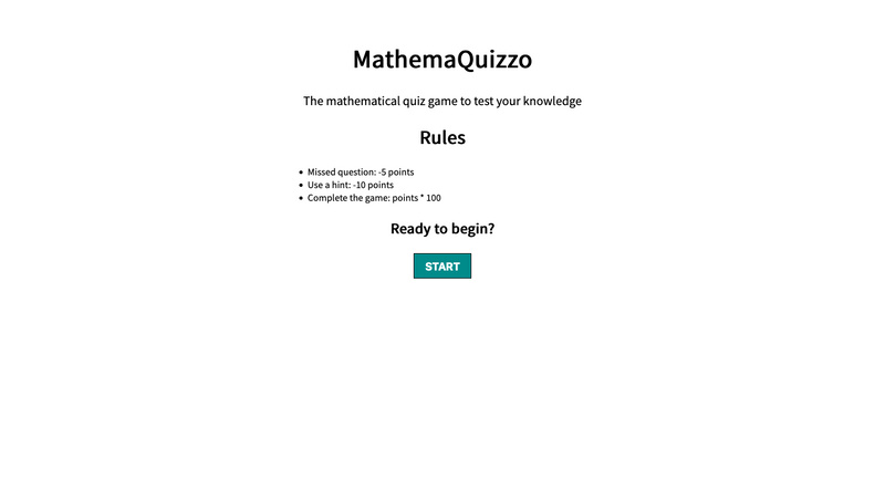 screenshot of the app with the title "MathemaQuizzo" at the top, a description of the rules, and a button to start the game.