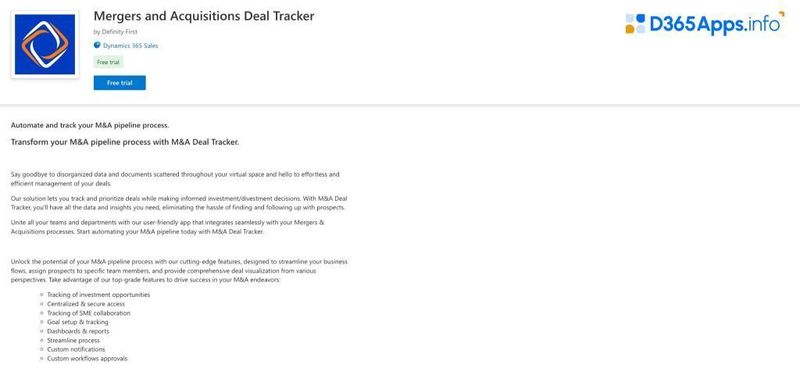 Top Sales Dynamics 365 Apps Mergers and Acquisitions Deal Tracker