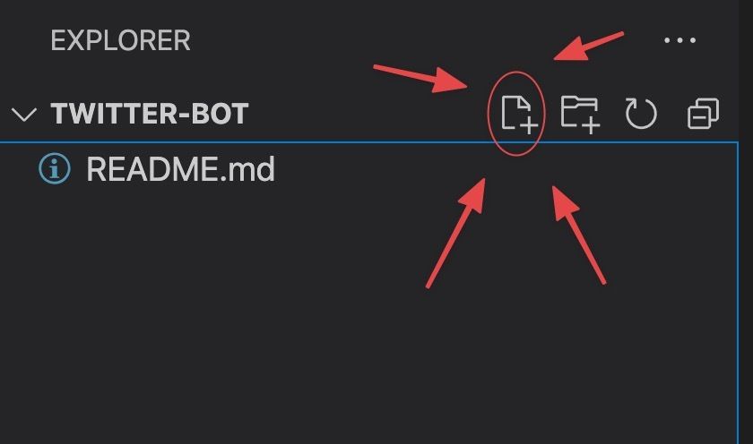 Add a new file button with arrows pointing at it near the top of a VSCode app