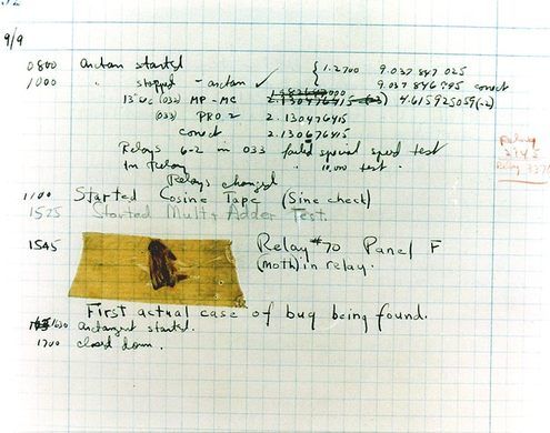 Picture of the logbook containing the moth and notes reading: "15:45 Relay #70 Panel F (moth) in relay. First actual case of bug being found.”