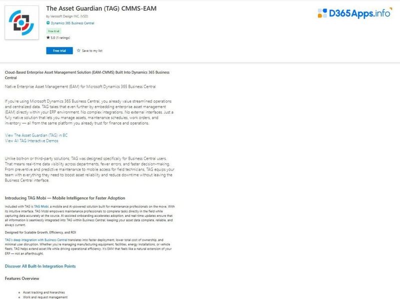 Top IT and Management Tools Dynamics 365 Apps The Asset Guardian (TAG) CMMS-EAM