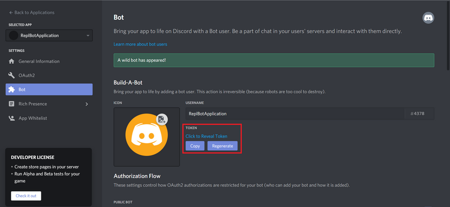 **Image: 4** *Generating a token for our Discord bot*