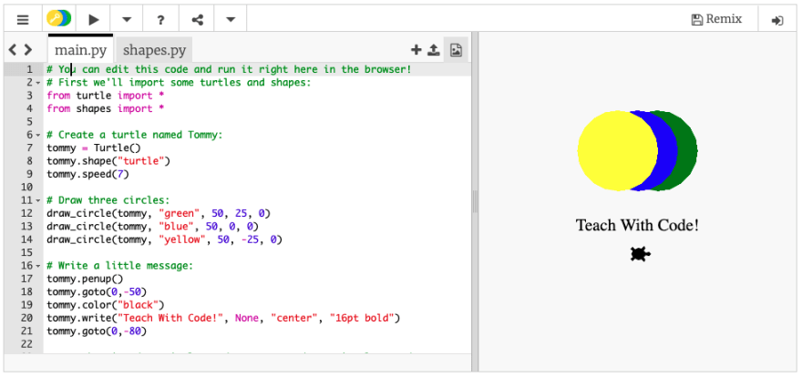 screenshot of Trinket.io editor. Editor shows a Turtle program that draws the trinket.io logo