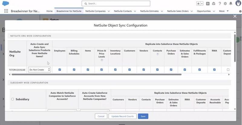 Breadwinner for NetSuite. Object sync configuration