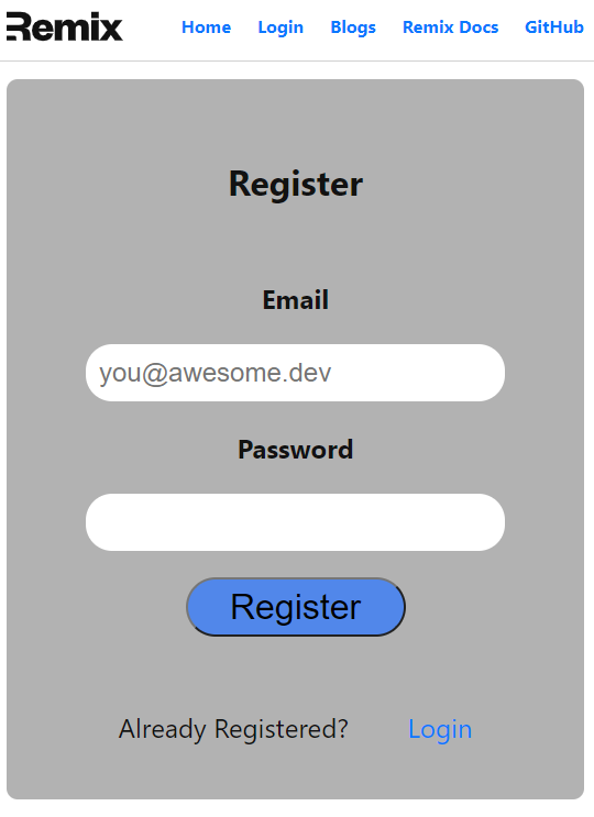The styled register page with dark grey background, rounded input methods and blue rounded button