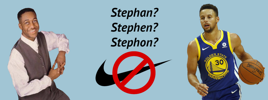 Collage showing Stephan Urquelle, Stephen Curry, the words "Stephan? Stephen? Stephon?" and a logo of Nike with a forbidden sign on top
