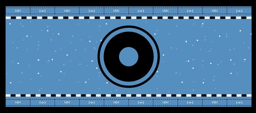 A large black ring, inside it a black circle, with a small blue circle in the center