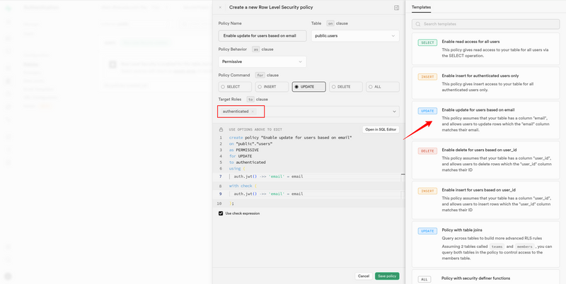Add update record policy for all Supabase auth users