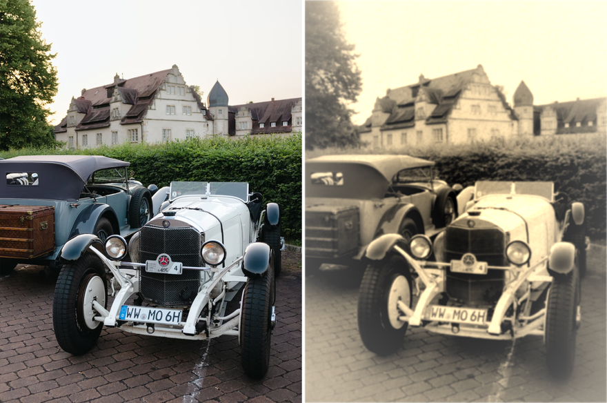 Same photo side by side, one looks modern the other one looks old-style, showing a German-looking house with two old cars in the front