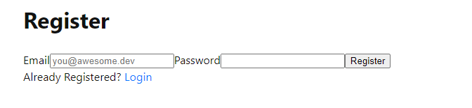 The login screen for the register page with email and password fields