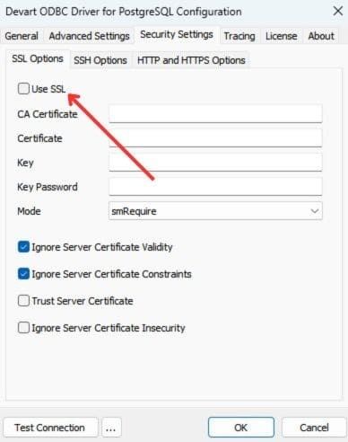 SSL checkbox in PostgreSQL ODBC setup