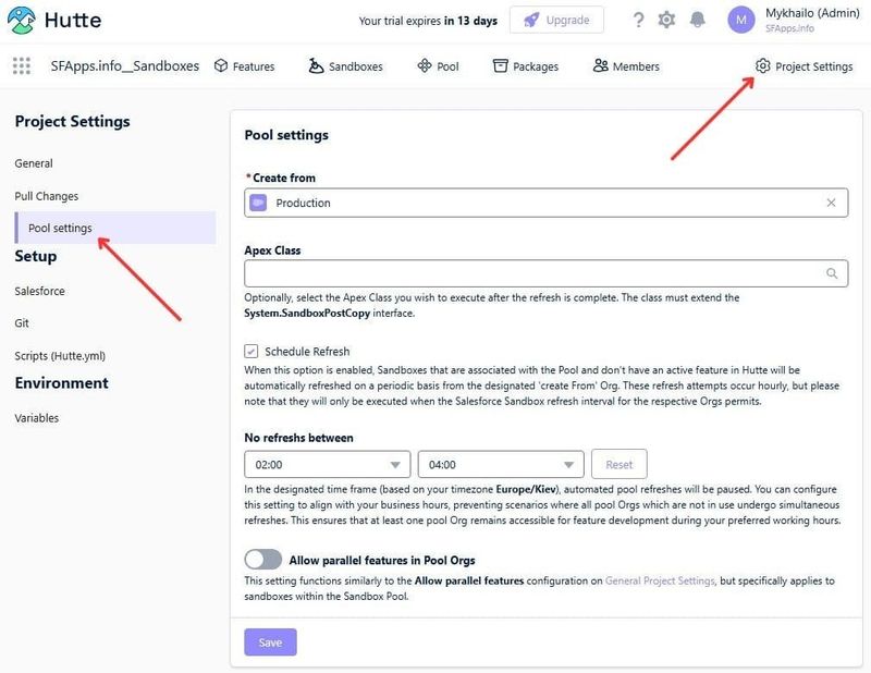 Schedule Refresh Pool setting in Hutte Sandbox Project Settings