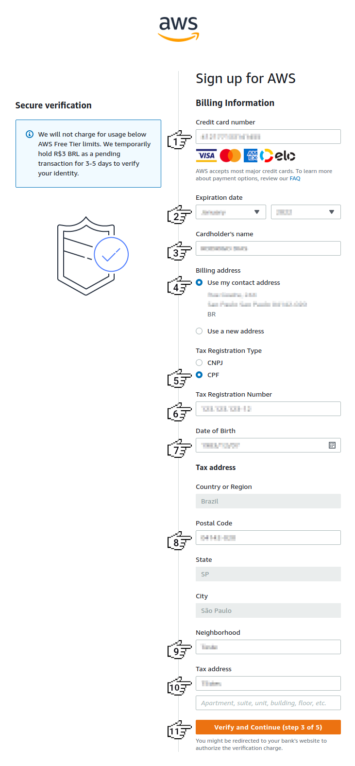 Amazon Cognito - Sign up for AWS (step 3 of 5)
