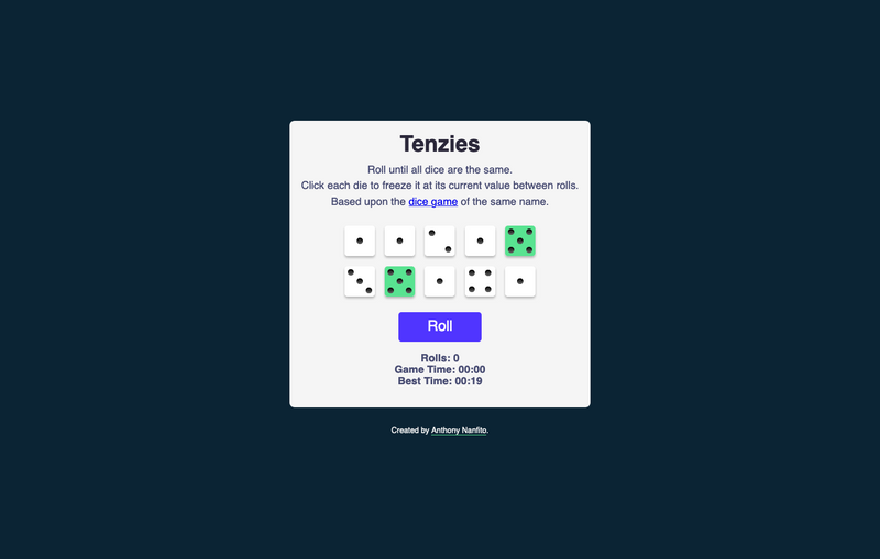 Game title and instructions at the top. In the middle, ten dice laid out in two rows of five with two dice selected, or held, and highlighted in green. Underneath the dice, the game stats: number of rolls, game time, and best time.