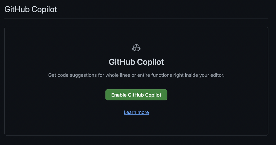 Page that prompts developers to enable GitHub Copilot with green button