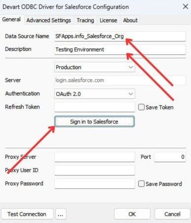 Devart ODBC Driver for Salesforce Configuration Window