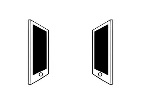 virtual handshaking cartoon — hands coming out of separate tablets and shaking each other's hands