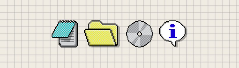 A pixel graphic of a note pad, folder, CD and info speech bubble to illustrate tips